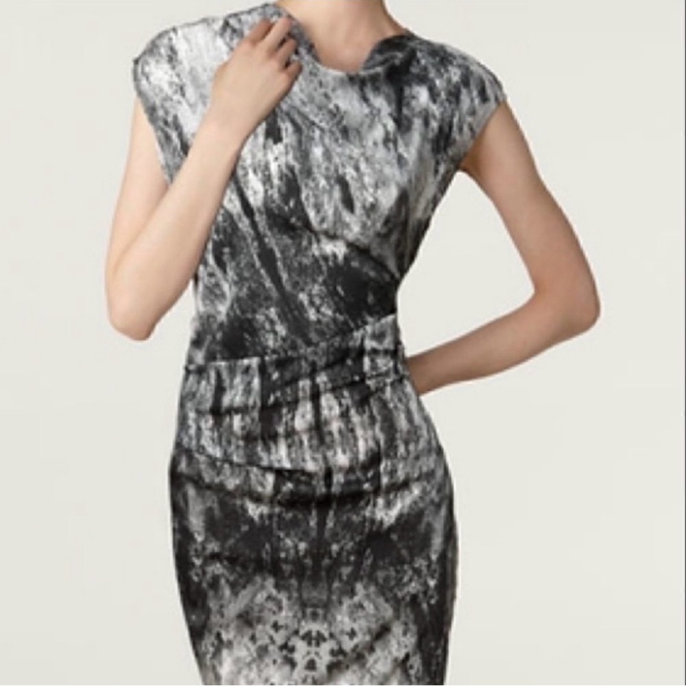 Helmut Lang 10O% silk Waterfall Print Dress, black and white photo of water.